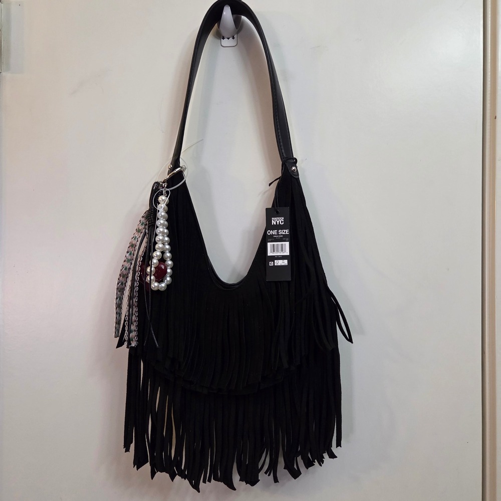Madden NYC Black Fringe Hobo Bag Heart Pearl Charm MNY-945 New
